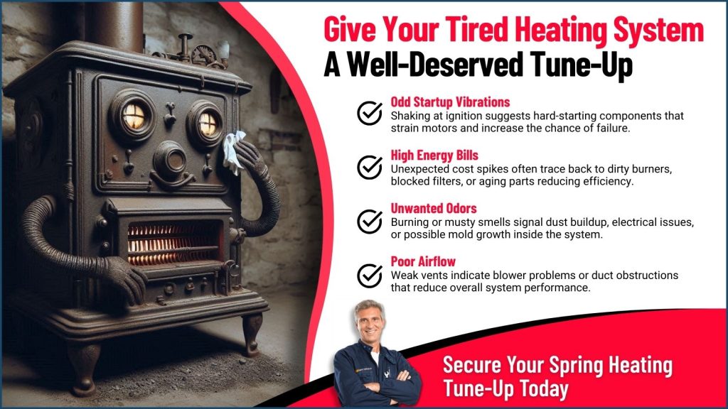 This is an image of an old tired furnace, wiping its brow. The headline reads give your tired heating system a well-deserved tuneup.