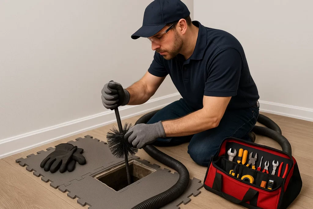 Technician using pneumatic tools inside air-handler panel during duct cleaning