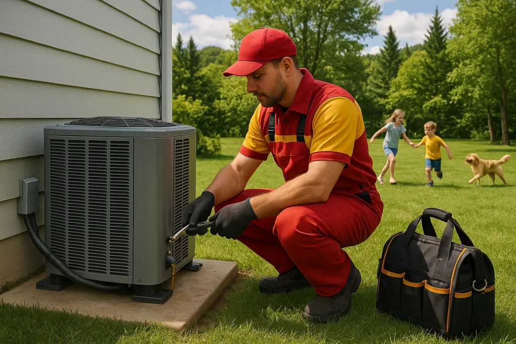 Technician checking refrigerant leaks on outdoor condenser unit