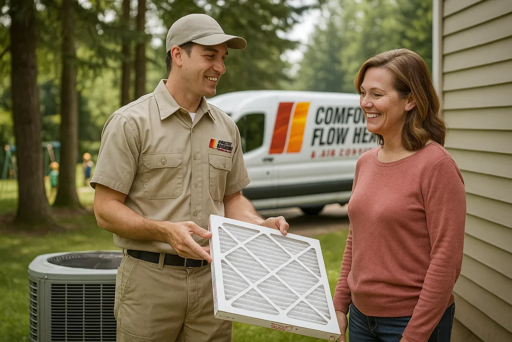HVAC technician shows homeowner a clean air filter during AC maintenance in Eugene backyard