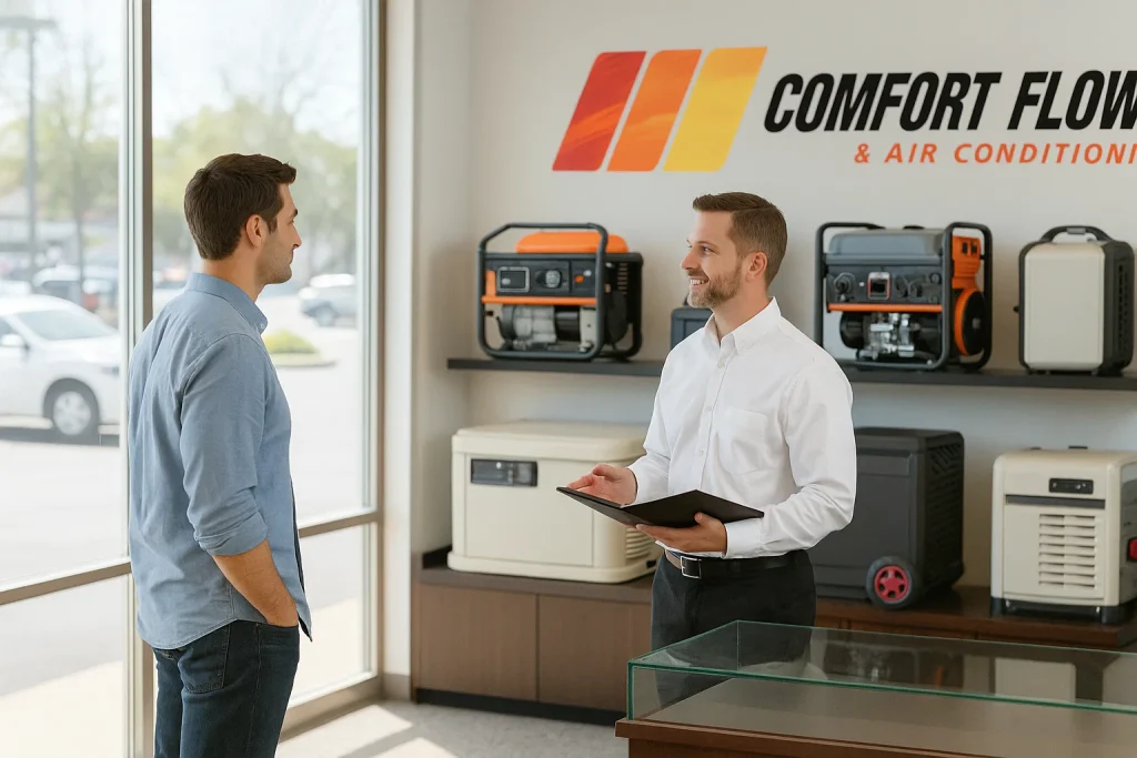 A generator salesman from comfort flow, explaining the differences in generators to a home owner