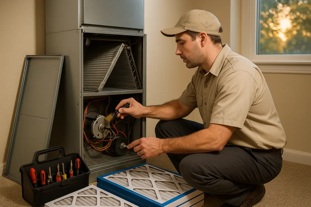 Technician services indoor air handler during late-season AC maintenance inside Oregon home