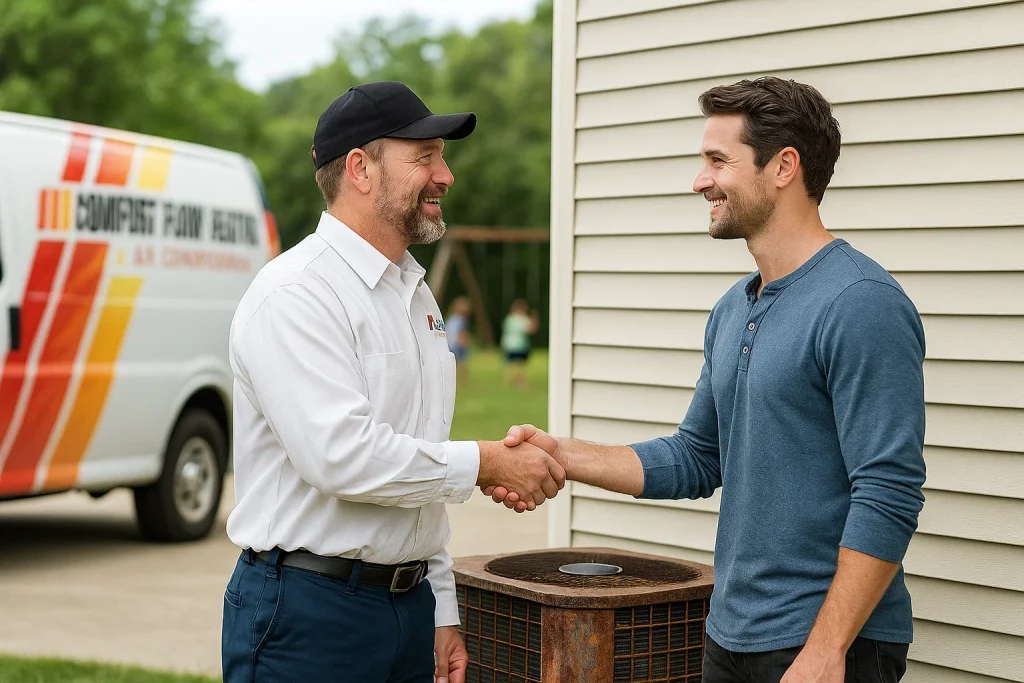 A Homeowner and HVAC tech shaking hands on the side of a residential home.