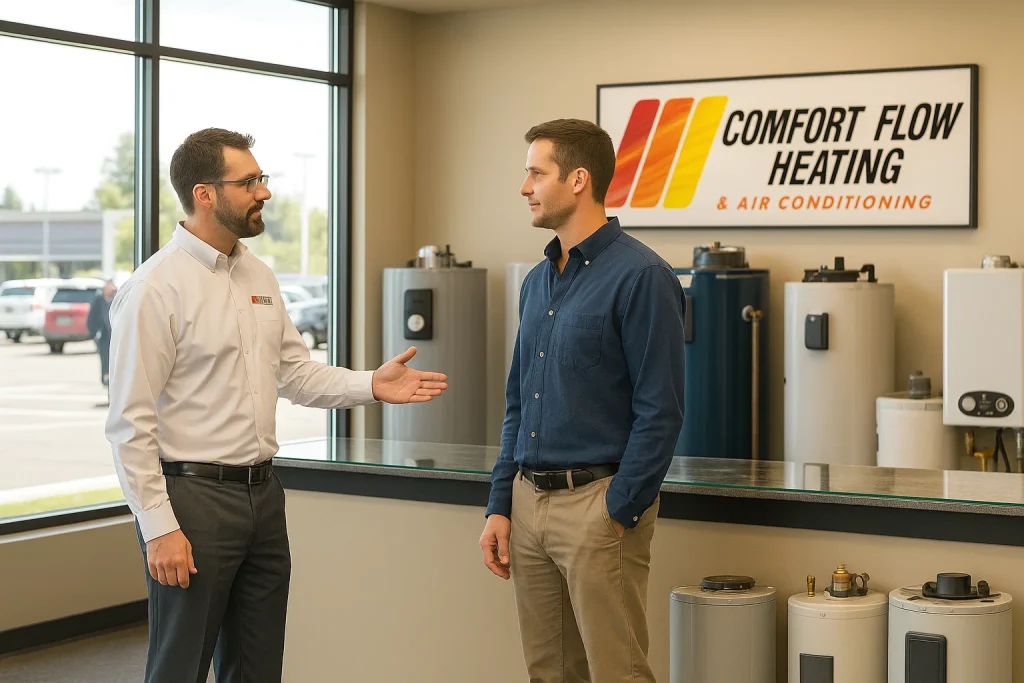 An image of a comfort, flow salesman discussing hot water heaters with a homeowner in a store showroom