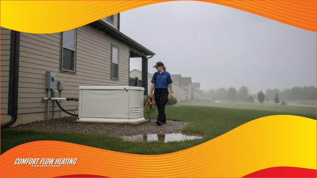 A Comfort Flow electrician working on a whole home generator.