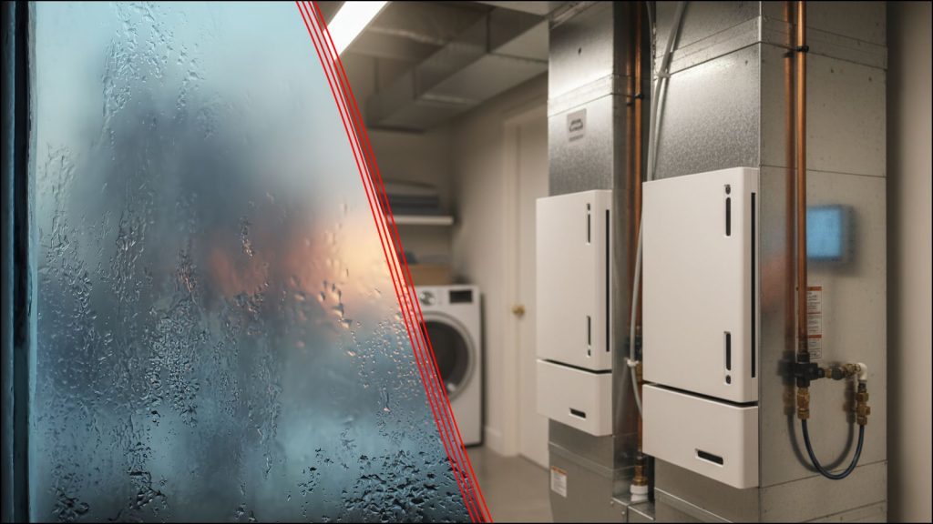 Split screen of a damp window and a whole home humidifier.