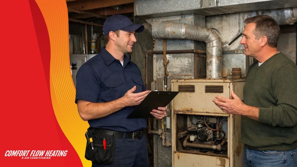 Homeowner discusses furnace repair versus replacement with HVAC technician in basement