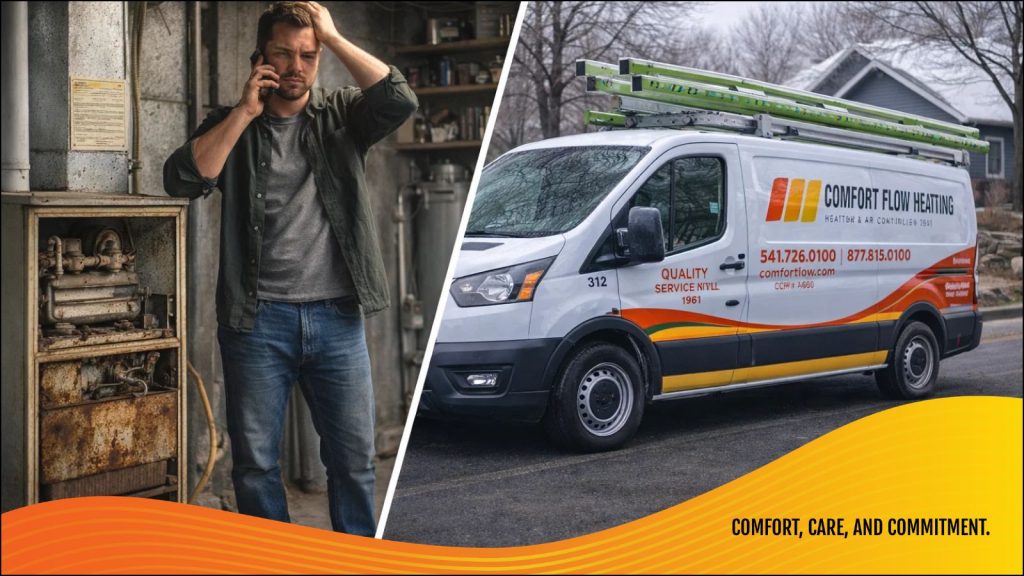 A frustrated homeowner calling comfort, flow HVAC technician because his furnace is broken