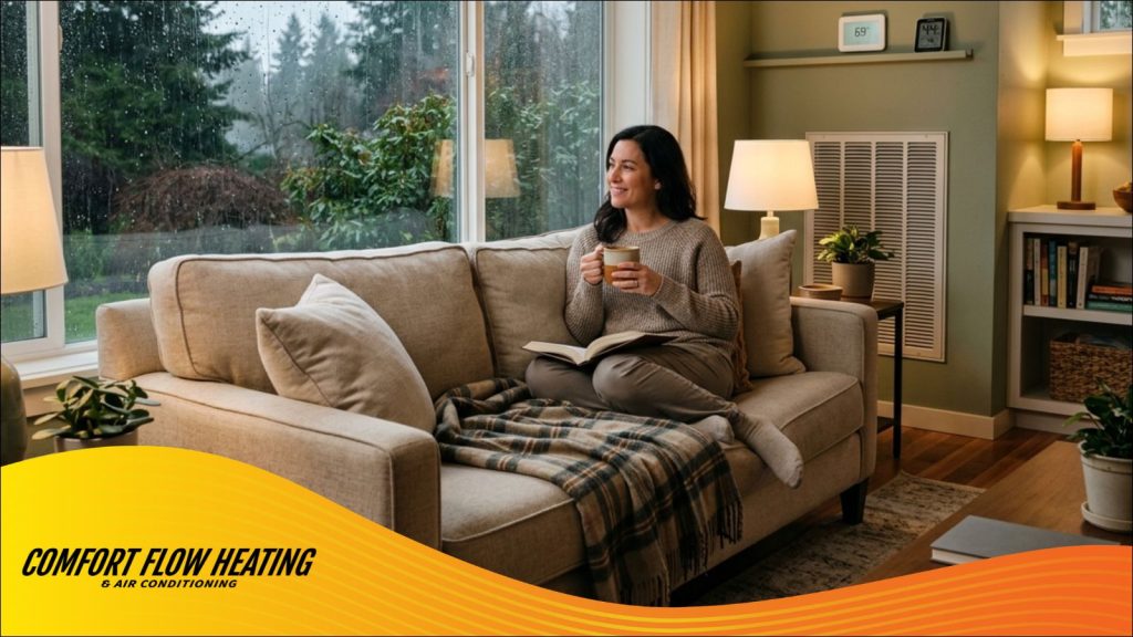 A women enjoying her cozy home during Oregon's rainy season.