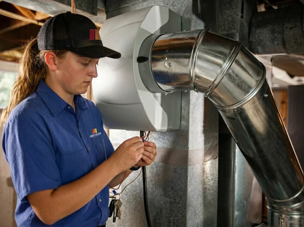 An HVAC tech installing a whole home humidifier.