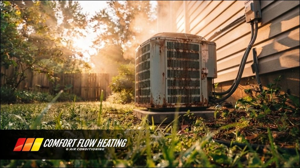 An old AC on the side of a home.